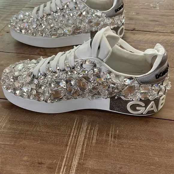 Dolce & Gabbana Portofino Crystal Embellished Leather Sneakers - Picture 8 of 16